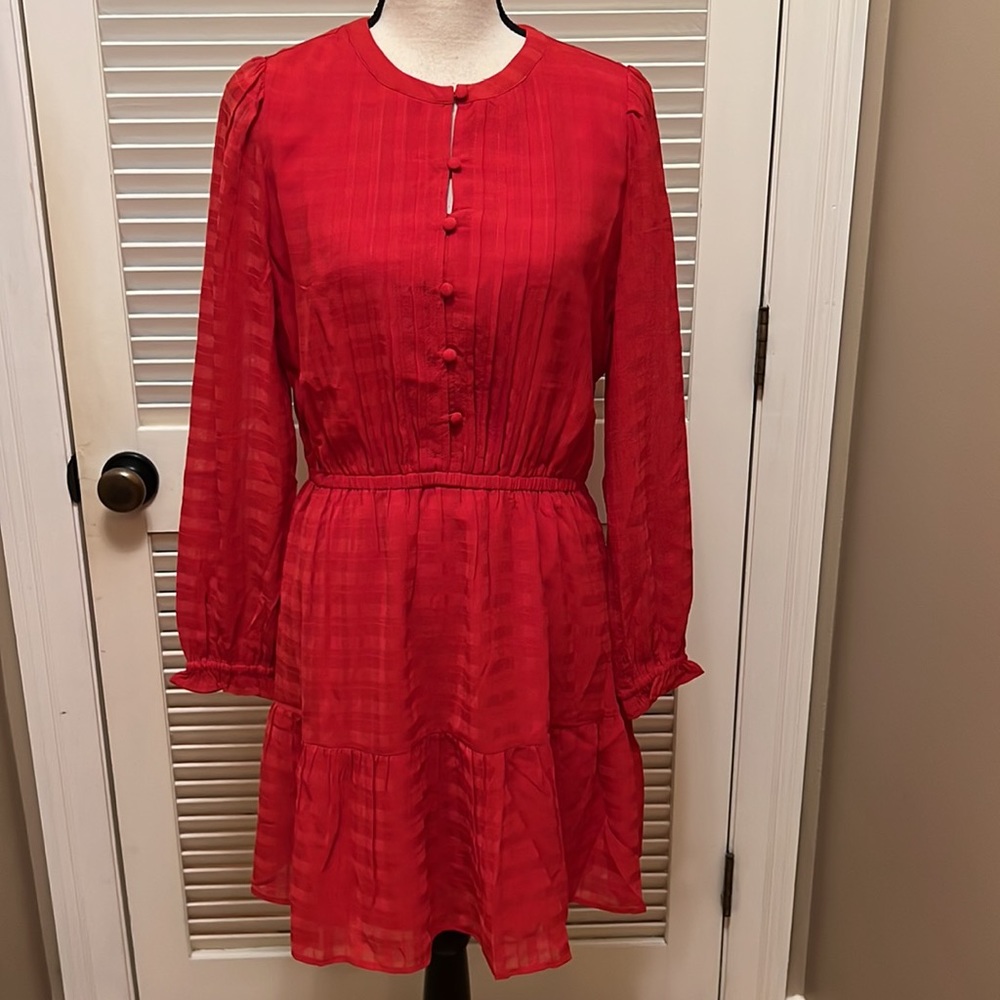 Loft Plaid Pintucked Tiered Flare Dress in Red, Size Medium - Picture 3 of 16